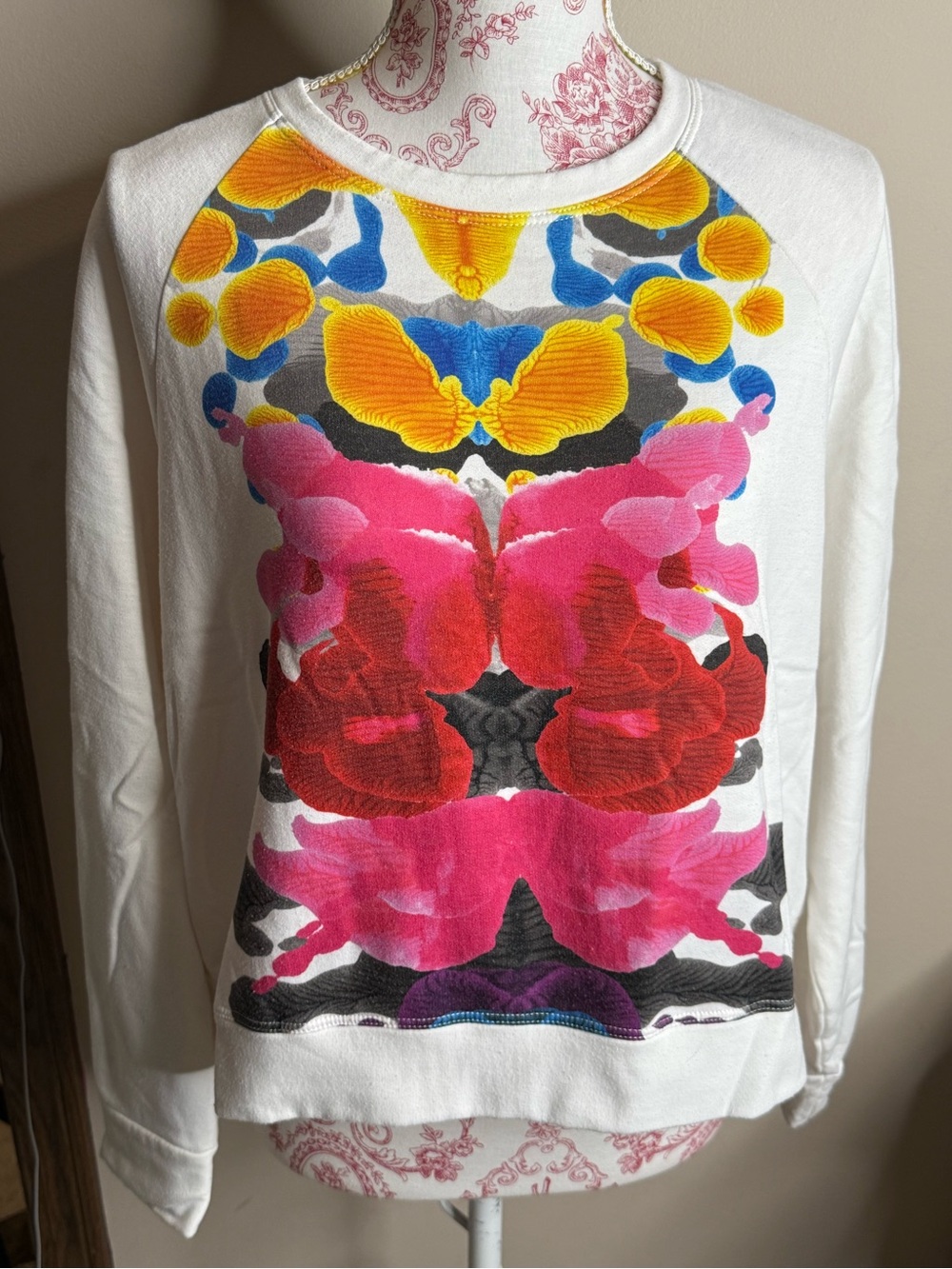 Terez White SOFT Sweatshirt with Pink, Red, Yellow & Blue Inkblot Print Sz Small